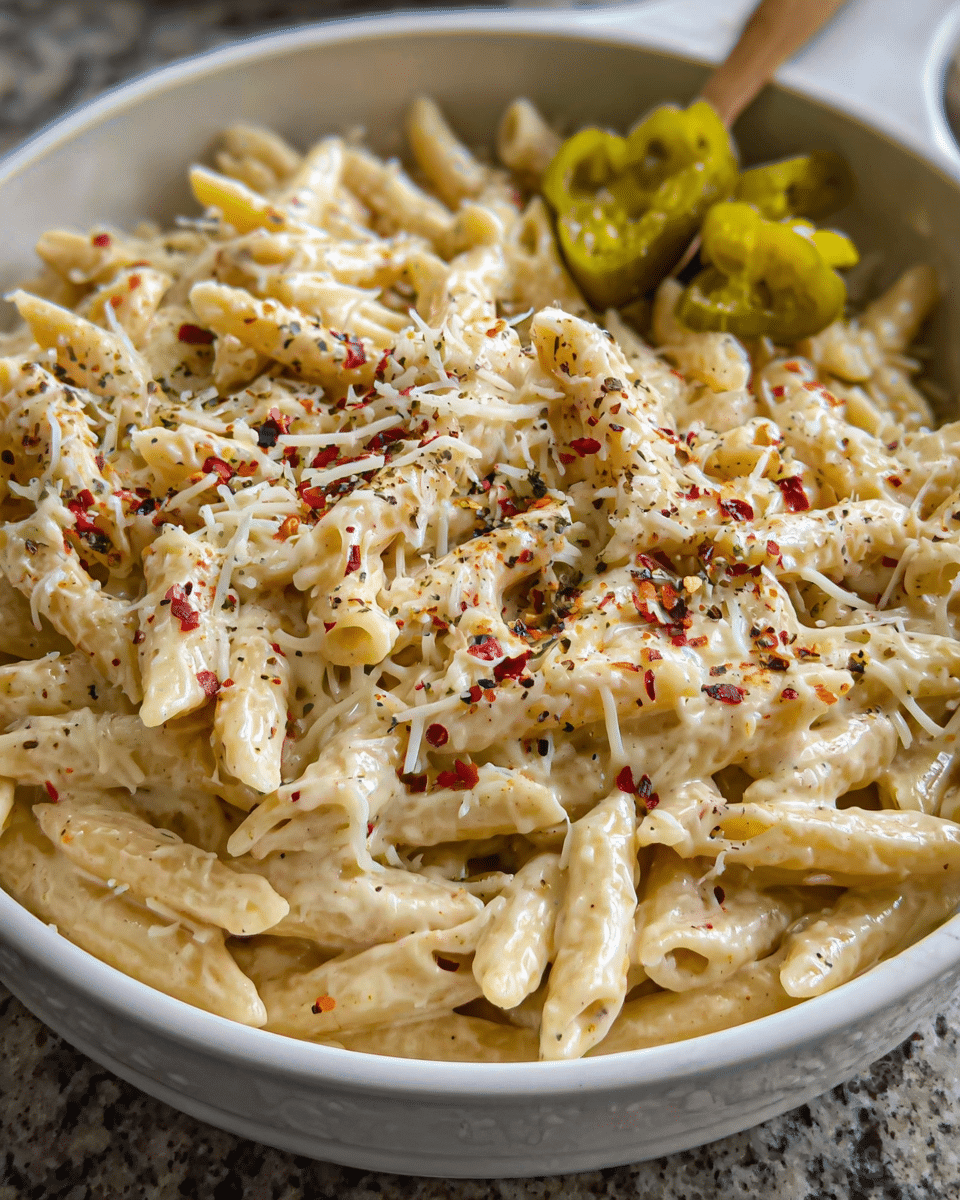 Creamy pepper jack pasta served warm with melted cheese sauce and penne