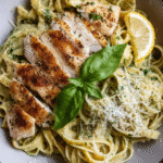 Creamy pesto chicken pasta topped with sliced chicken, basil, and Parmesan cheese