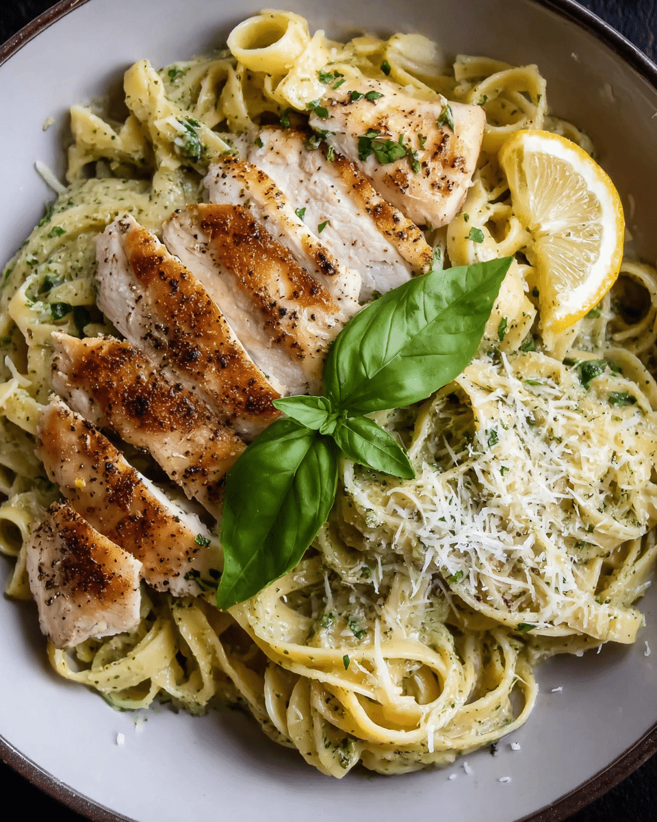 Creamy pesto chicken pasta topped with sliced chicken, basil, and Parmesan cheese