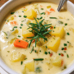 Bowl of creamy homemade potato soup topped with cheddar cheese and chives