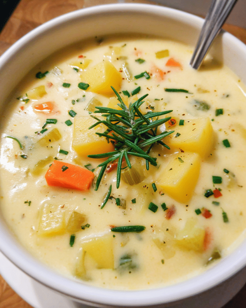 Bowl of creamy homemade potato soup topped with cheddar cheese and chives