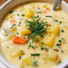 Bowl of creamy homemade potato soup topped with cheddar cheese and chives