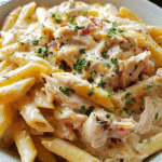 Creamy ranch chicken pasta served in a bowl with cheddar cheese and parsley
