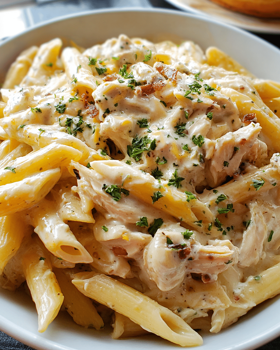 Creamy ranch chicken pasta served in a bowl with cheddar cheese and parsley