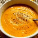 Smooth creamy roasted carrot soup in a bowl with fresh herbs