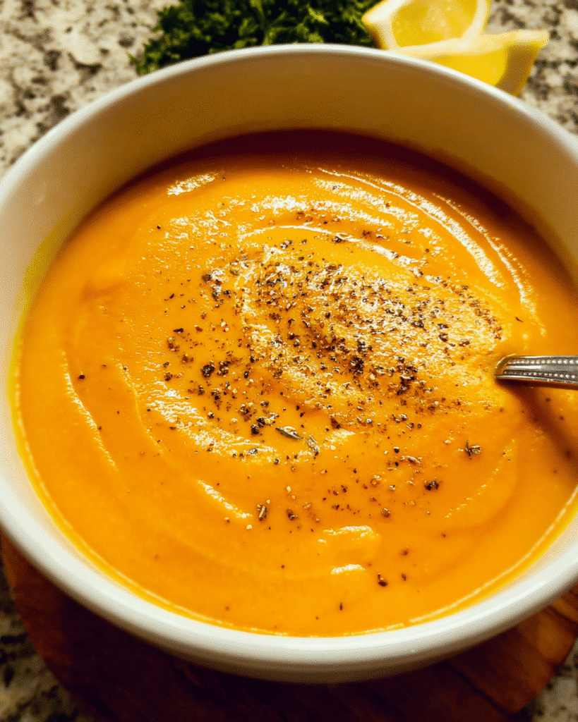 Smooth creamy roasted carrot soup in a bowl with fresh herbs