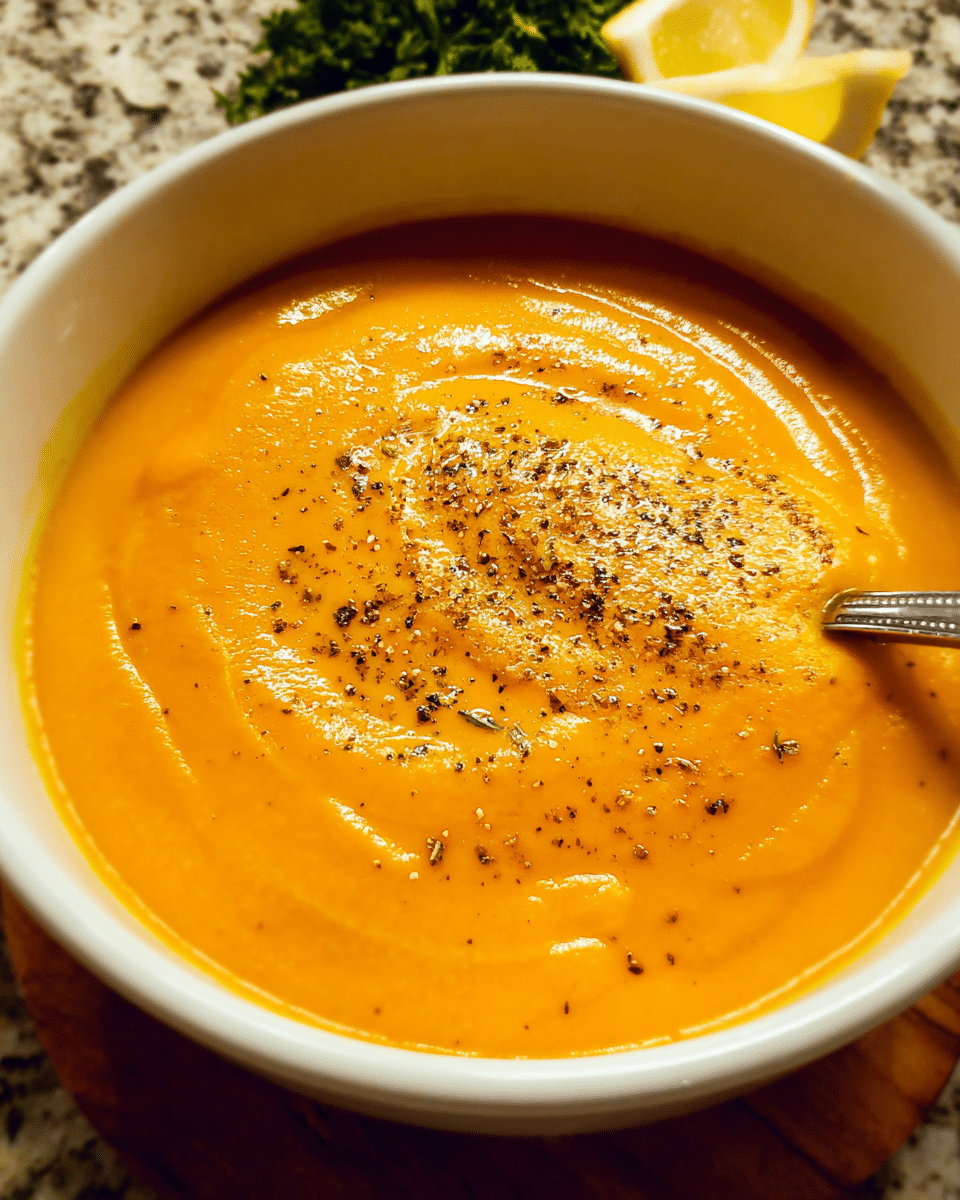 Smooth creamy roasted carrot soup in a bowl with fresh herbs