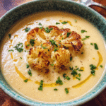 Creamy roasted cauliflower soup topped with herbs and roasted florets