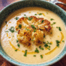 Creamy roasted cauliflower soup topped with herbs and roasted florets