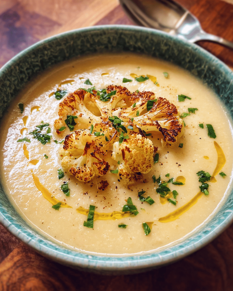 Creamy roasted cauliflower soup topped with herbs and roasted florets
