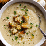 Creamy roasted garlic soup topped with parmesan cheese and parsley