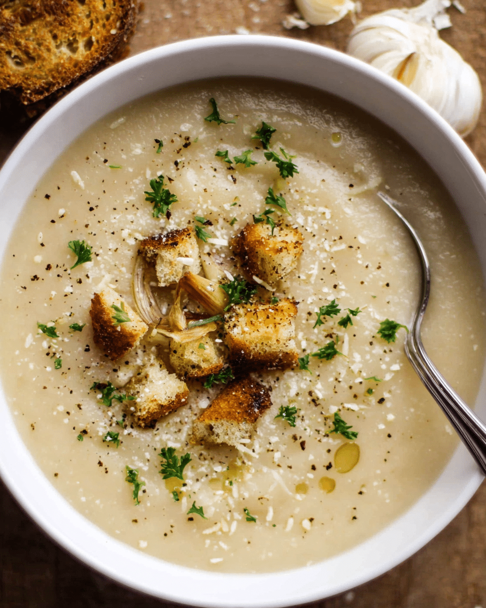 Creamy roasted garlic soup topped with parmesan cheese and parsley