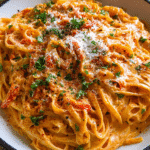 Creamy roasted red pepper pasta served with Parmesan and parsley