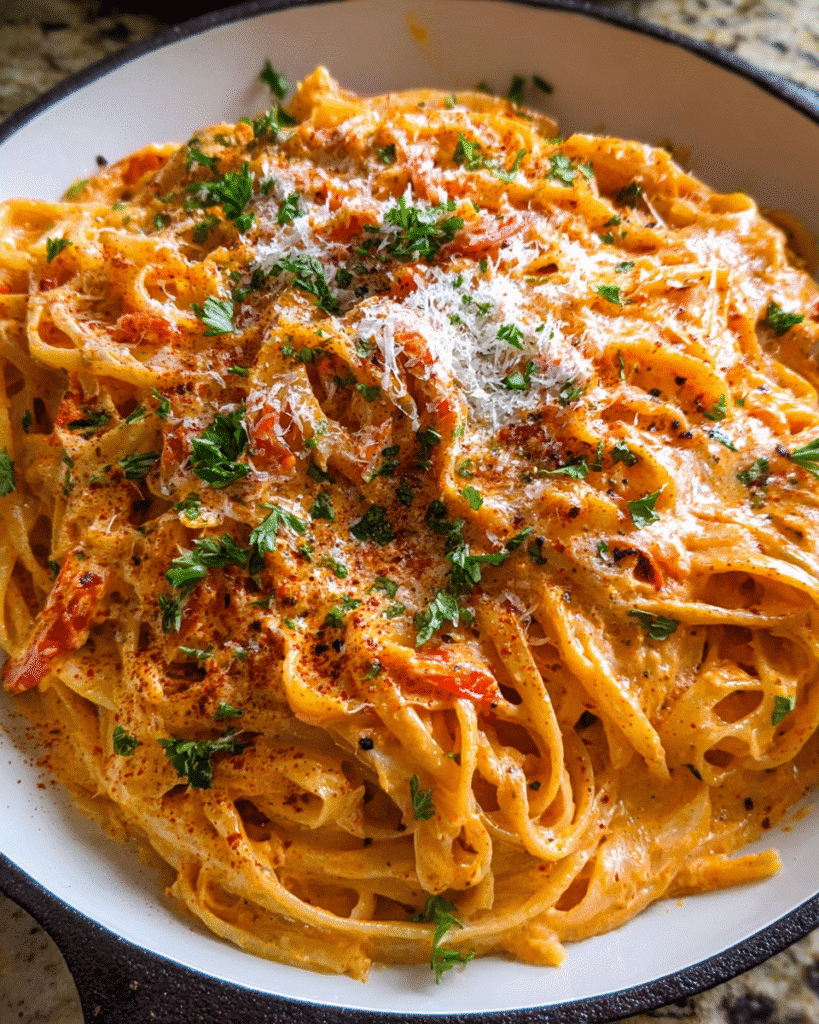 Creamy roasted red pepper pasta served with Parmesan and parsley
