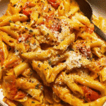 Bowl of creamy roasted tomato pasta topped with Parmesan cheese