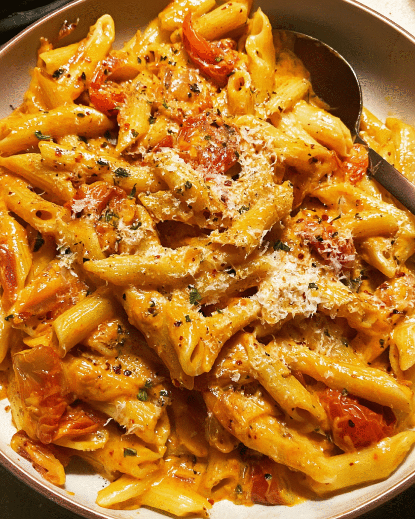 Bowl of creamy roasted tomato pasta topped with Parmesan cheese
