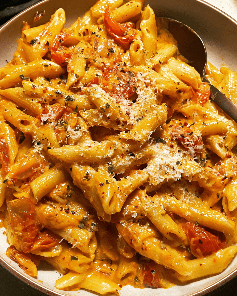 Bowl of creamy roasted tomato pasta topped with Parmesan cheese