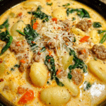 Creamy sausage and gnocchi soup with spinach and Parmesan