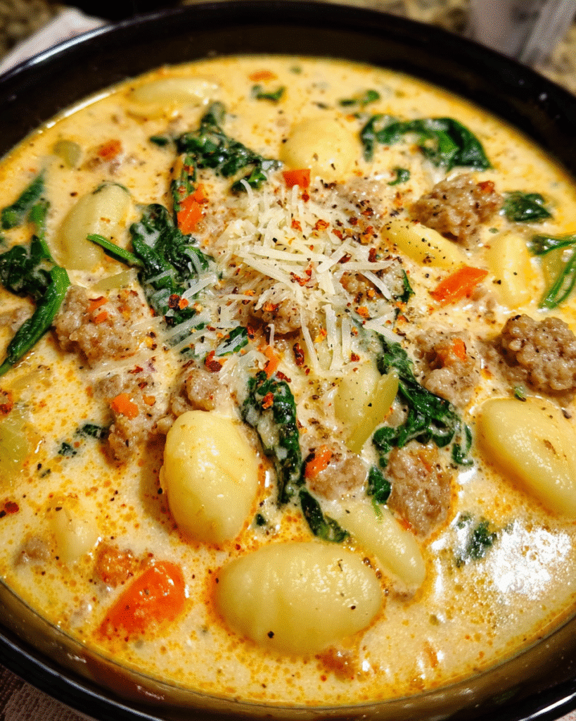 Creamy sausage and gnocchi soup with spinach and Parmesan