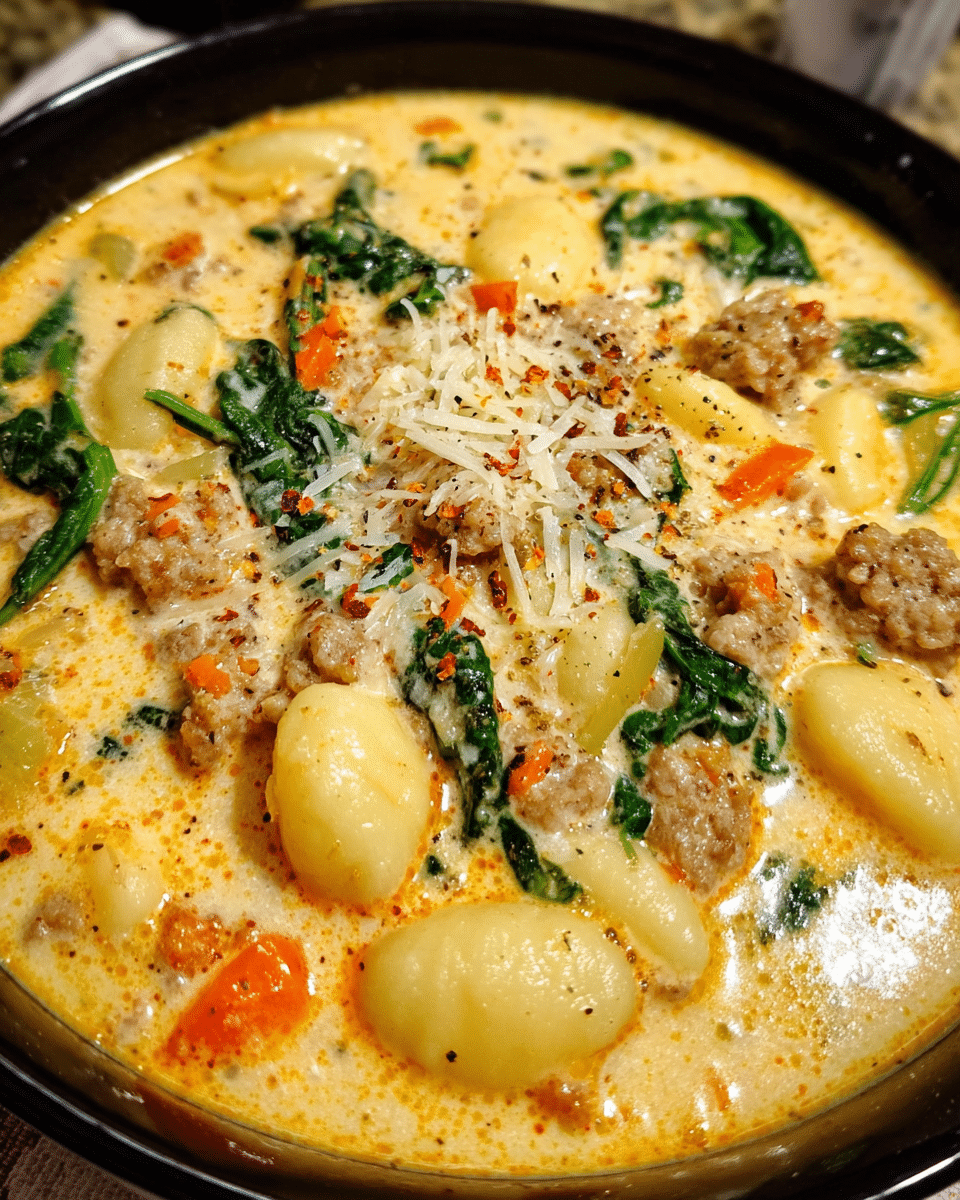Creamy sausage and gnocchi soup with spinach and Parmesan