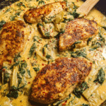 Creamy spinach artichoke chicken in a skillet with Parmesan sauce