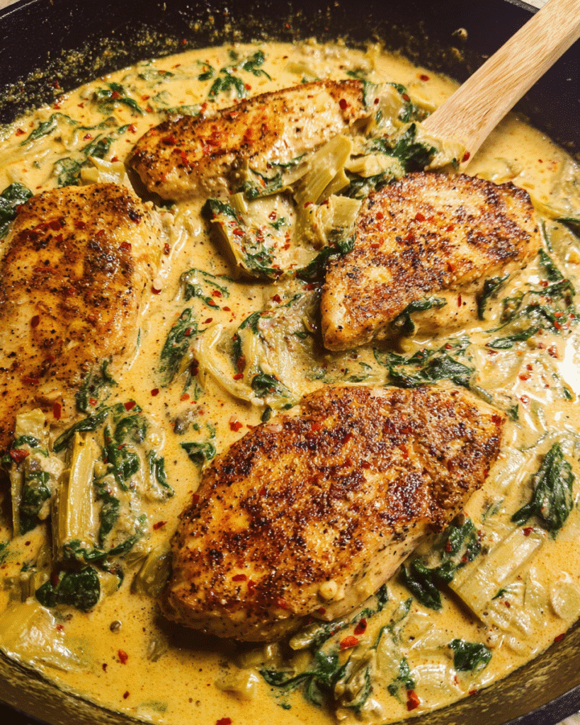 Creamy spinach artichoke chicken in a skillet with Parmesan sauce