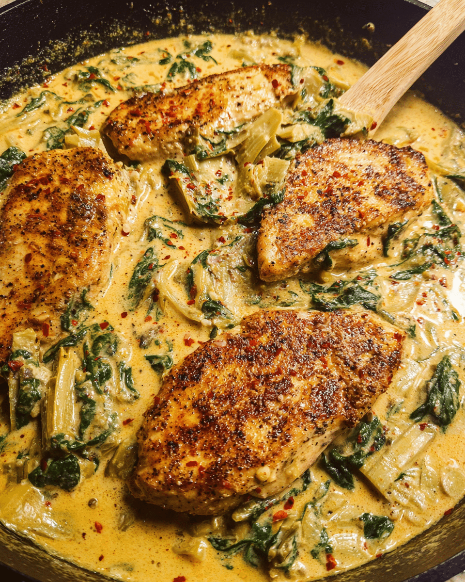 Creamy spinach artichoke chicken in a skillet with Parmesan sauce