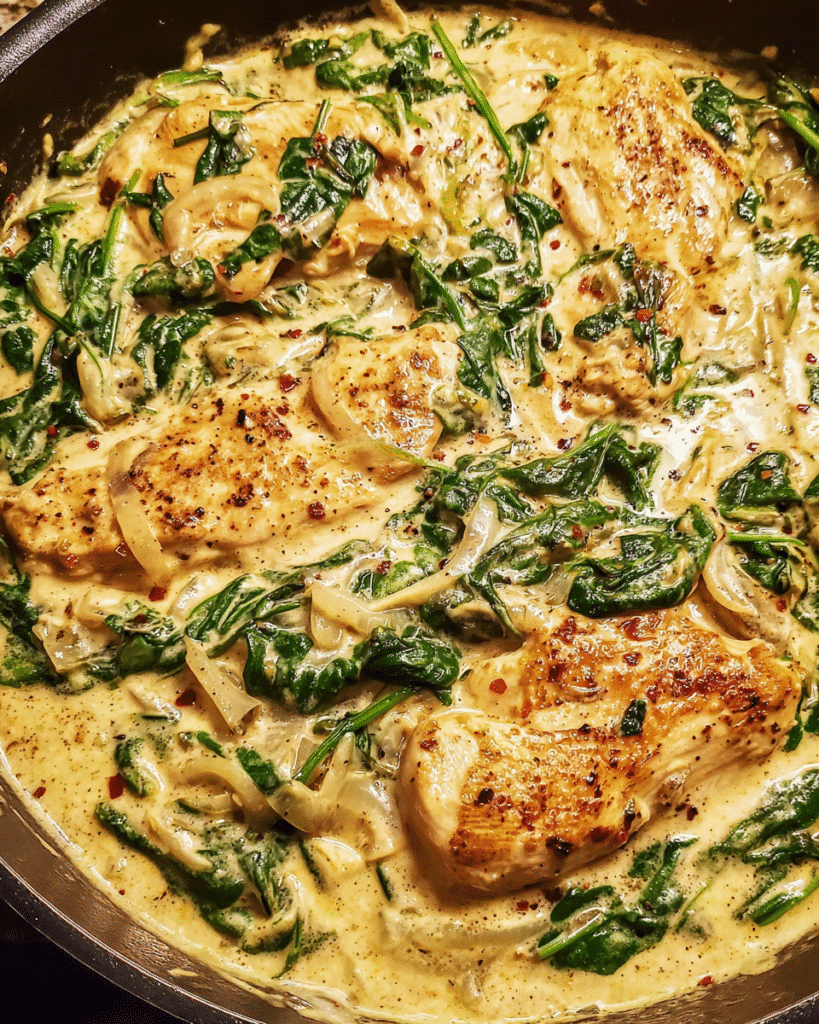 creamy spinach chicken skillet in pan