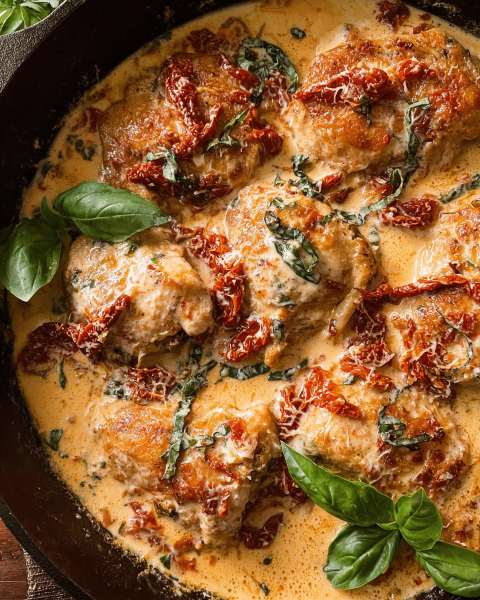 Creamy sun dried tomato chicken in a skillet with Parmesan sauce and basil