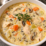 Creamy turkey wild rice soup with mushrooms and herbs in a rustic bowl