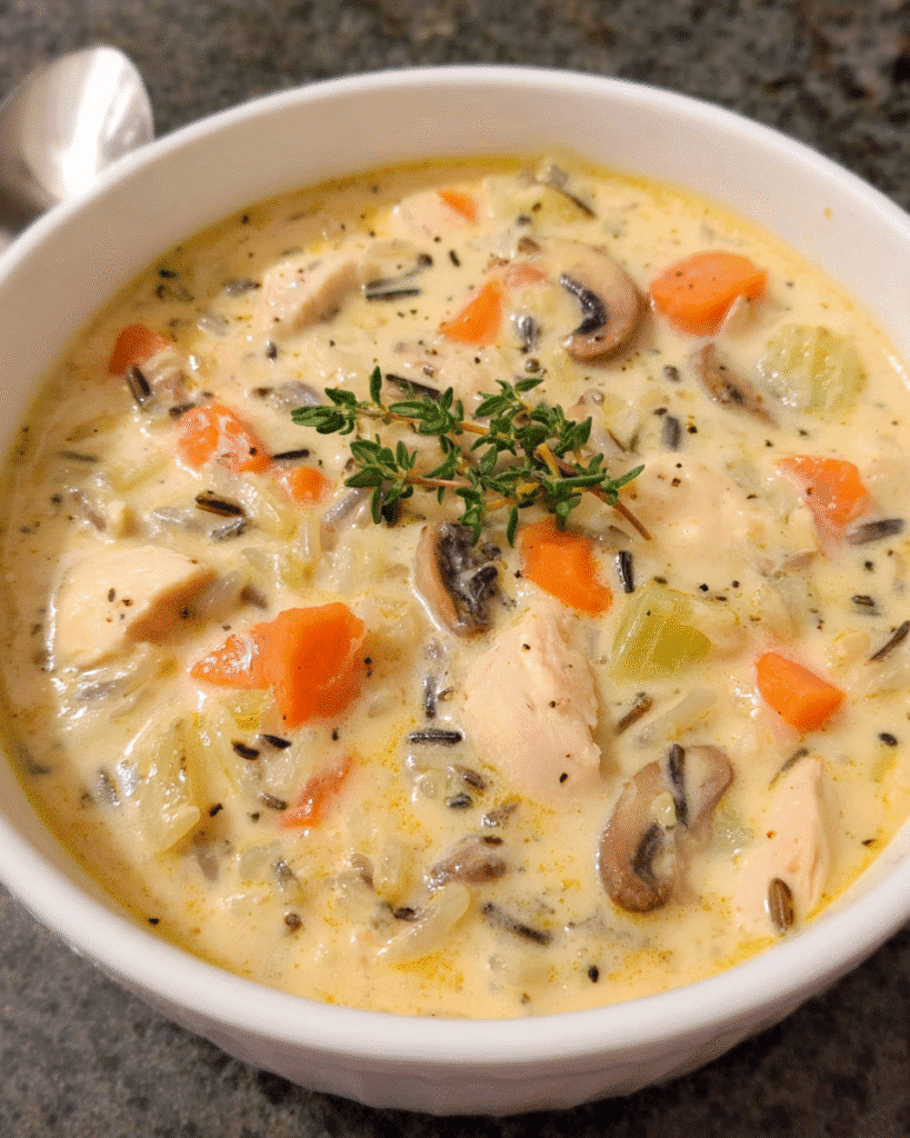 Creamy turkey wild rice soup with mushrooms and herbs in a rustic bowl