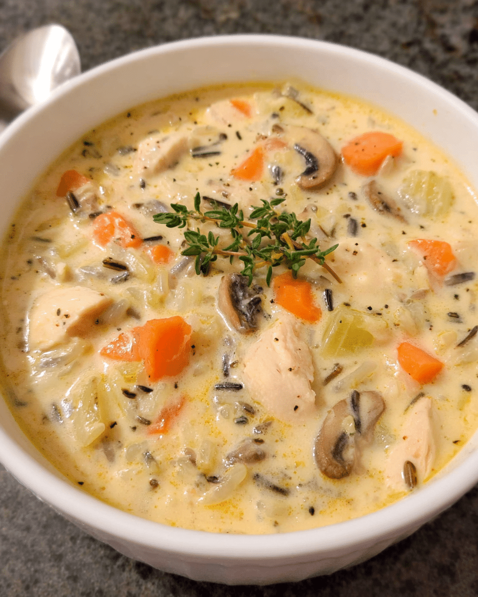 Creamy turkey wild rice soup with mushrooms and herbs in a rustic bowl