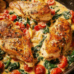 Creamy Tuscan chicken skillet with spinach and cherry tomatoes in Parmesan sauce