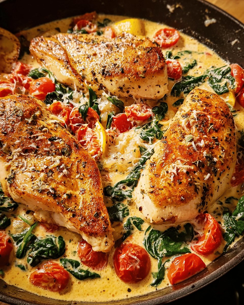 Creamy Tuscan chicken skillet with spinach and cherry tomatoes in Parmesan sauce