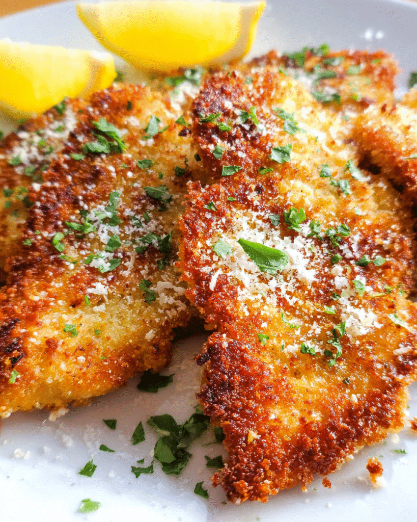 Golden crispy parmesan chicken cutlets served with lemon wedges