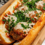 Garlic butter meatball subs with marinara and melted mozzarella