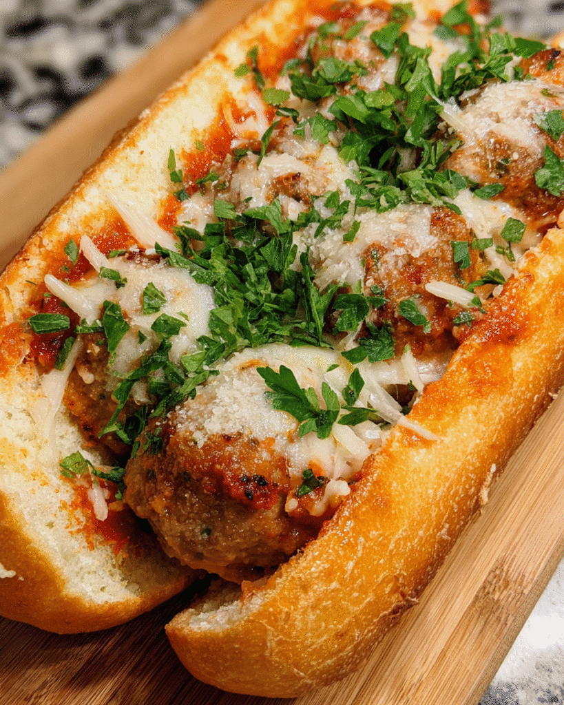Garlic butter meatball subs with marinara and melted mozzarella