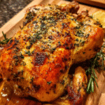Golden garlic butter roast chicken with rosemary and thyme