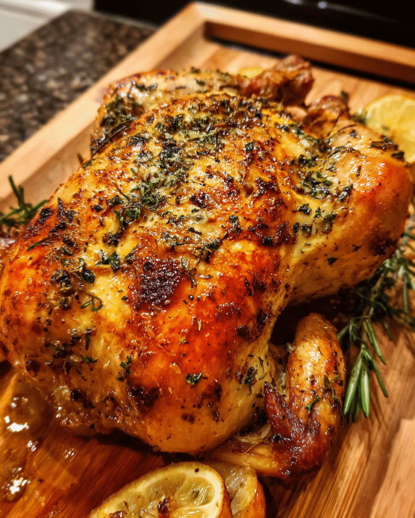 Golden garlic butter roast chicken with rosemary and thyme