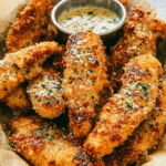 Crispy baked garlic parmesan chicken tenders on a serving plate