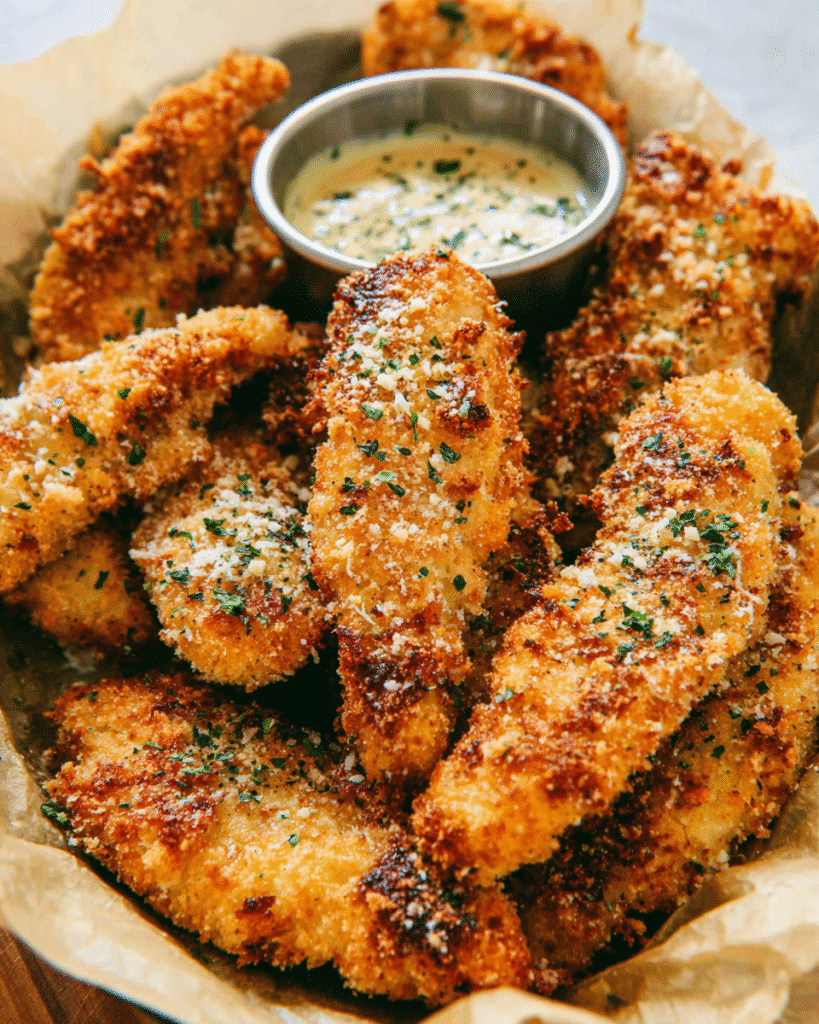 Crispy baked garlic parmesan chicken tenders on a serving plate