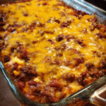 Homemade baked bean casserole topped with melted cheddar cheese