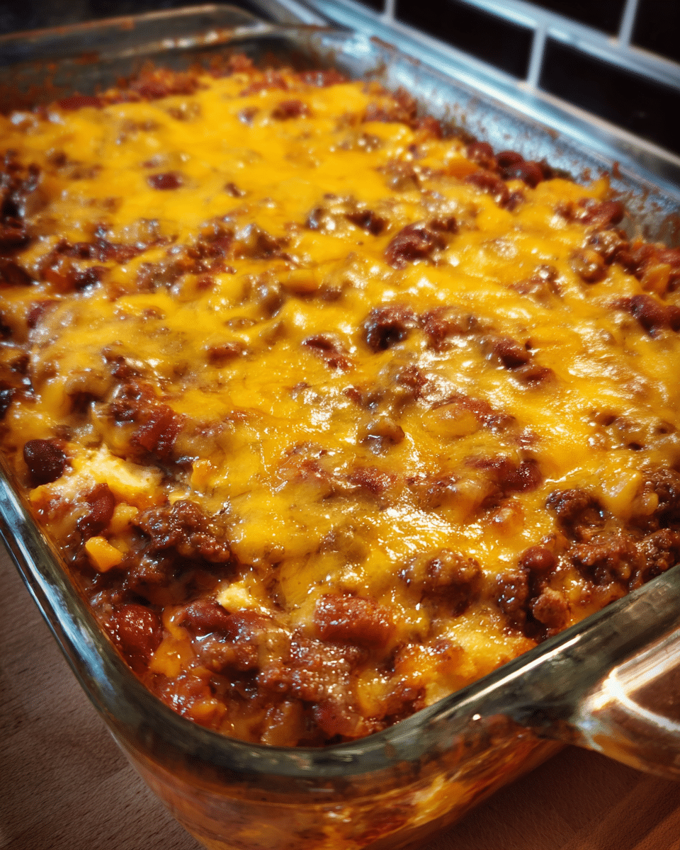 Homemade baked bean casserole topped with melted cheddar cheese