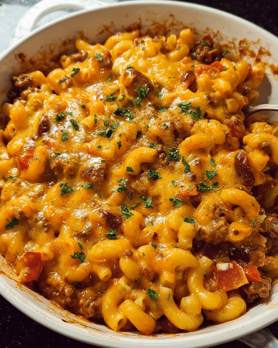 Baked homemade chili mac topped with melted cheddar cheese and parsley