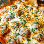 Baked meatball parmesan casserole with marinara and melted mozzarella cheese