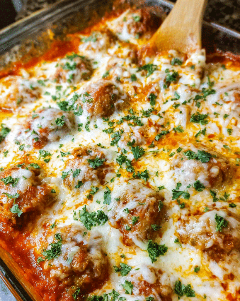 Baked meatball parmesan casserole with marinara and melted mozzarella cheese