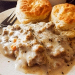 Creamy turkey sausage gravy served over warm fluffy biscuits