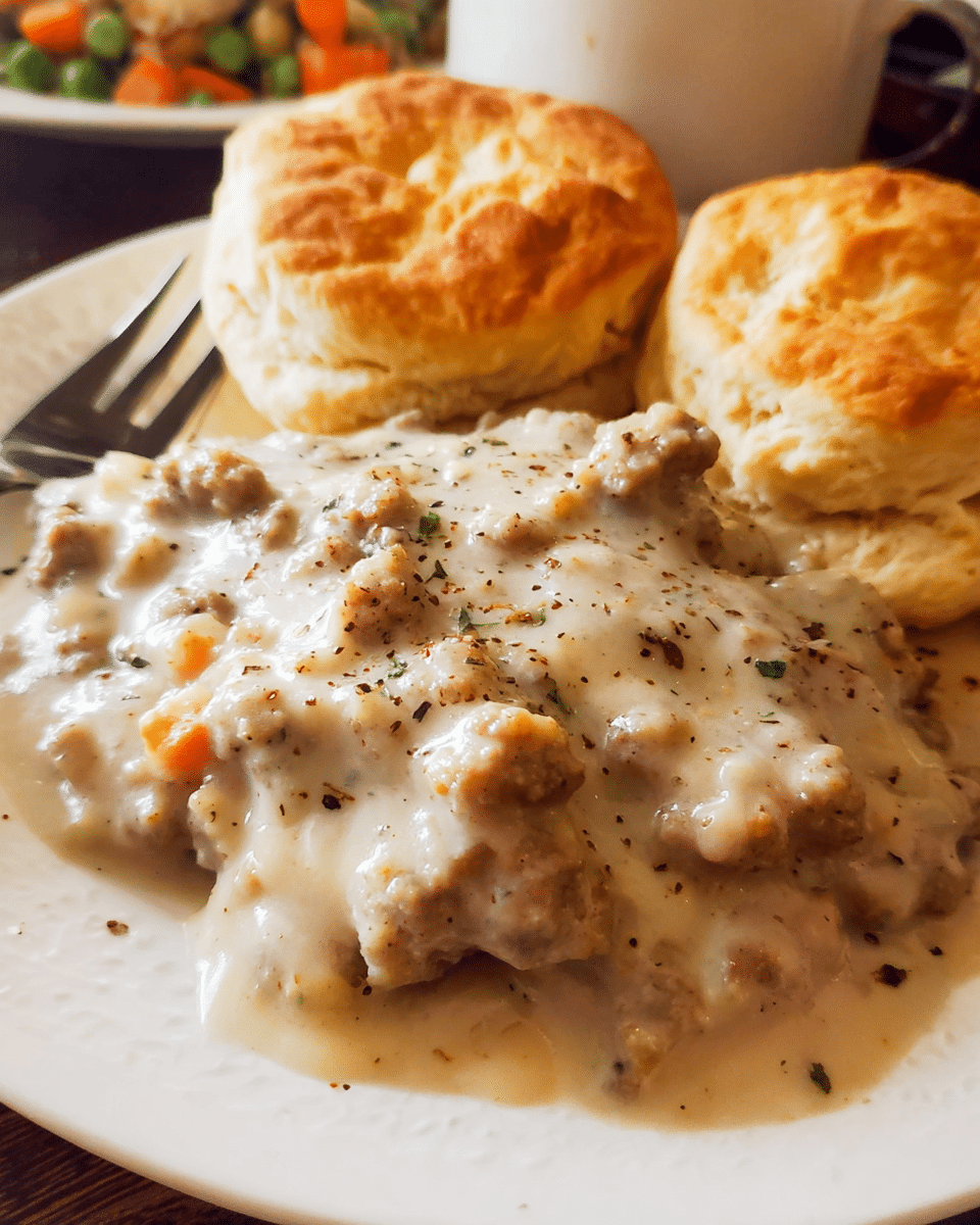 Creamy turkey sausage gravy served over warm fluffy biscuits
