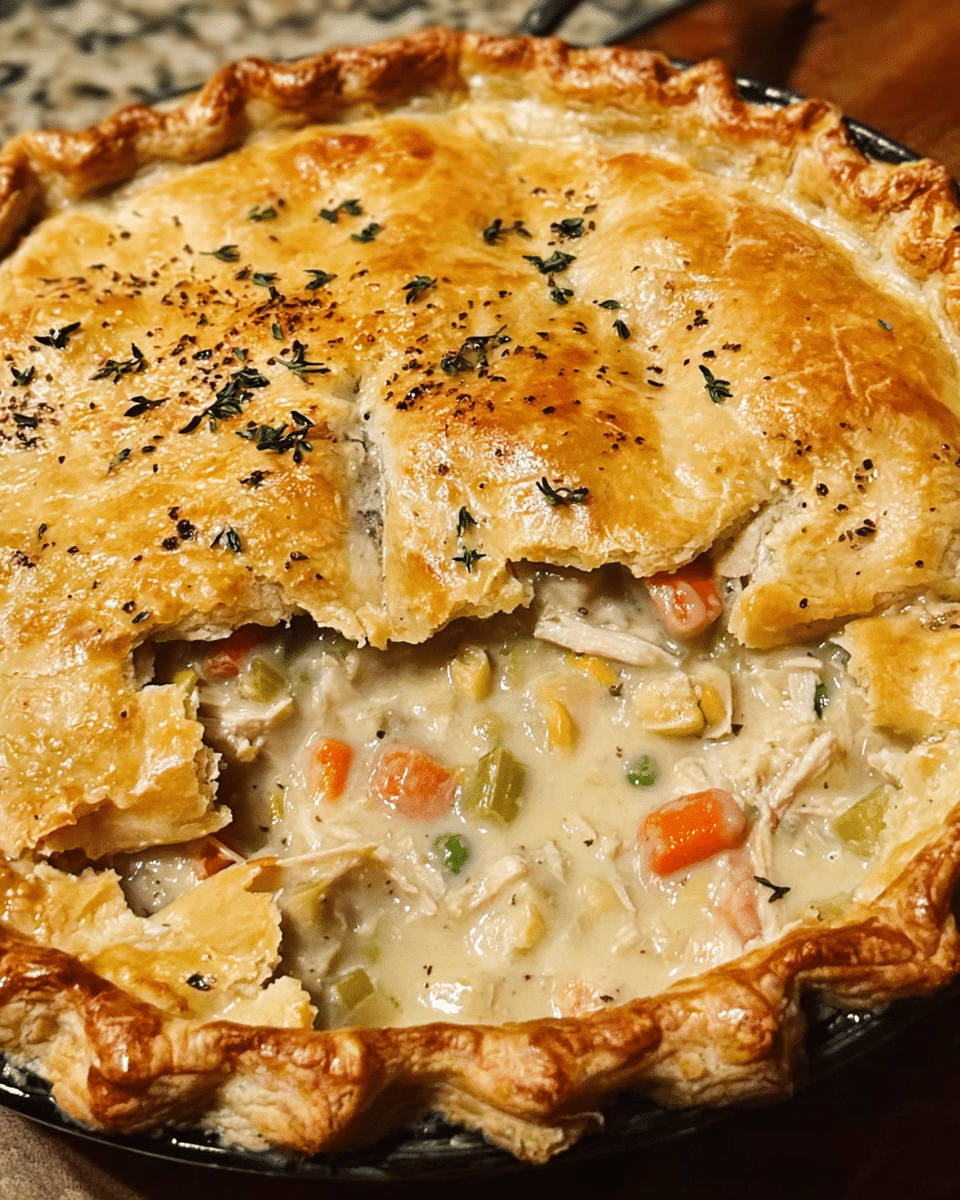 Golden homemade turkey pot pie fresh from the oven