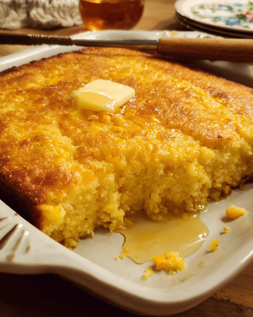 Warm honey butter cornbread casserole baked until golden brown